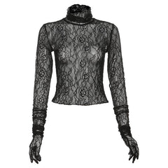 Lace see through gloves turtle neck solid long sleeve top