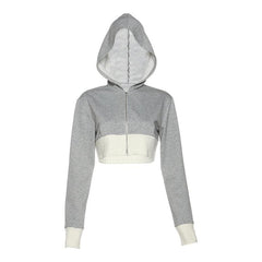 Hoodie long sleeve contrast patchwork zip-up crop top