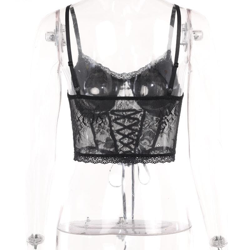 Lace patchwork solid cross applique lace up crop top