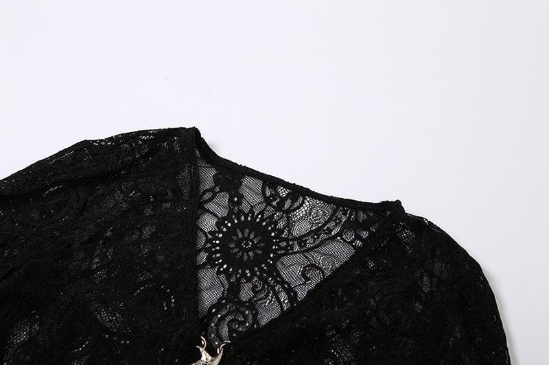 Lace solid flared sleeve star applique see through crop top