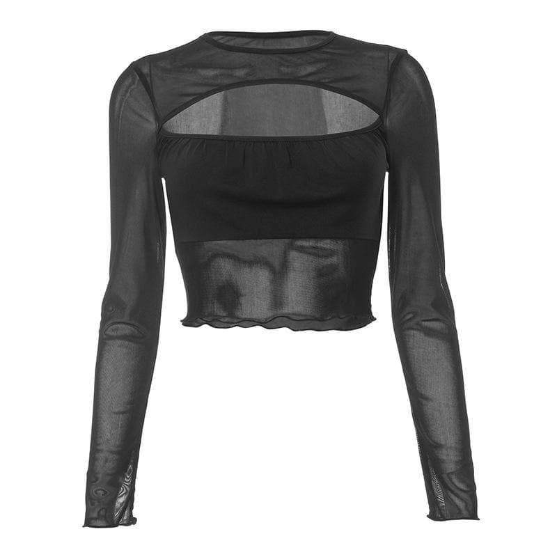 Crop Top aus einfarbigem Mesh mit ausgehöhlten Patchwork-Rüschen und langen Ärmeln - Schlussverkauf 