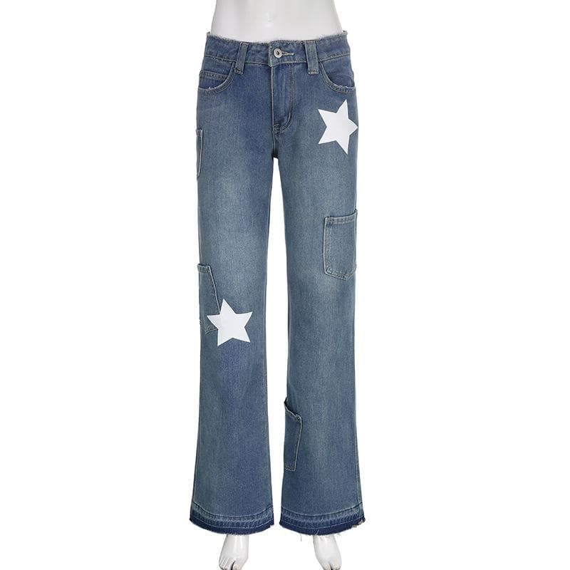 Contrast star pattern raw hem pocket straight leg jeans