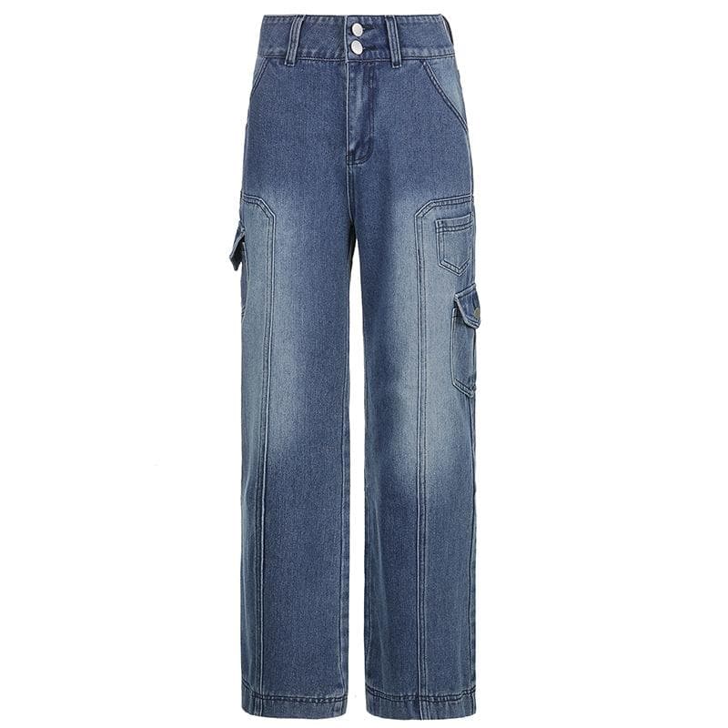 Hoch sitzende Jeans mit geradem Bein und Knopfleiste und Farbverlauf an den Taschen 