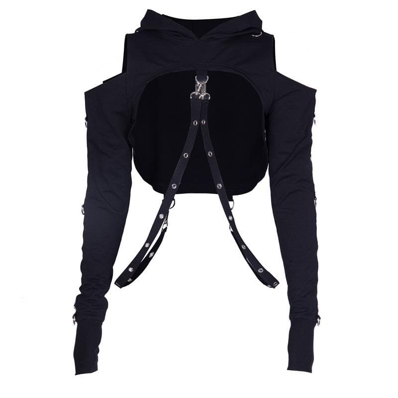 Hoodie ribbon off shoulder buckle long sleeve gloves crop top