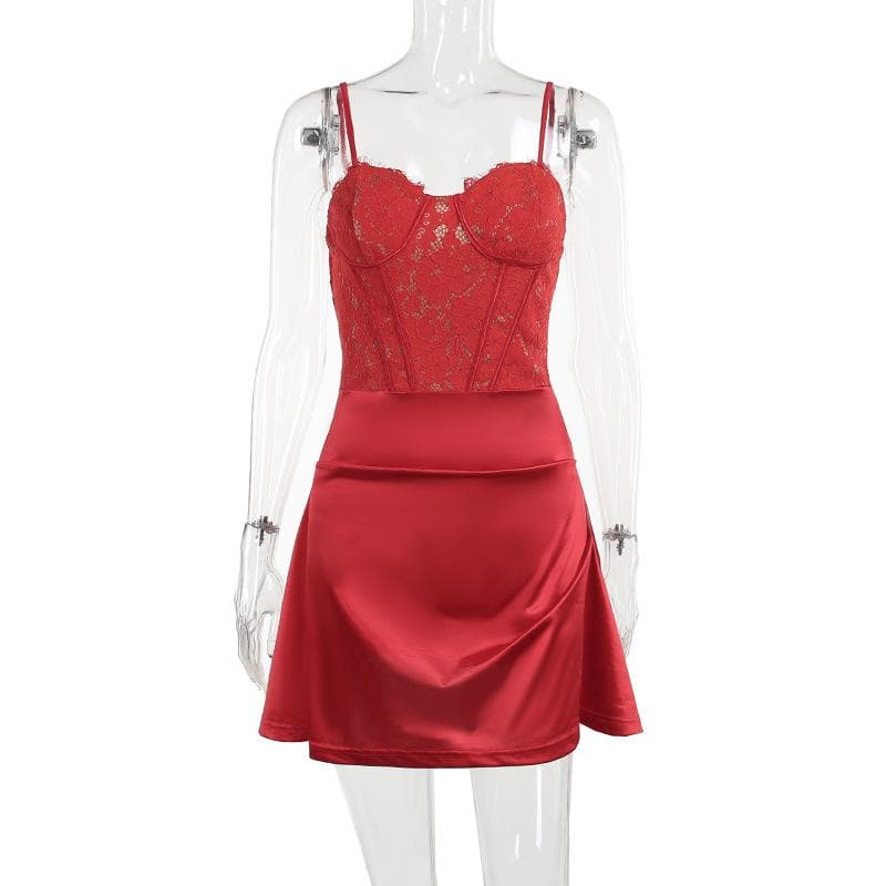 Lace satin solid corset zip-up ruched cami mini dress