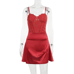 Lace satin solid corset zip-up ruched cami mini dress