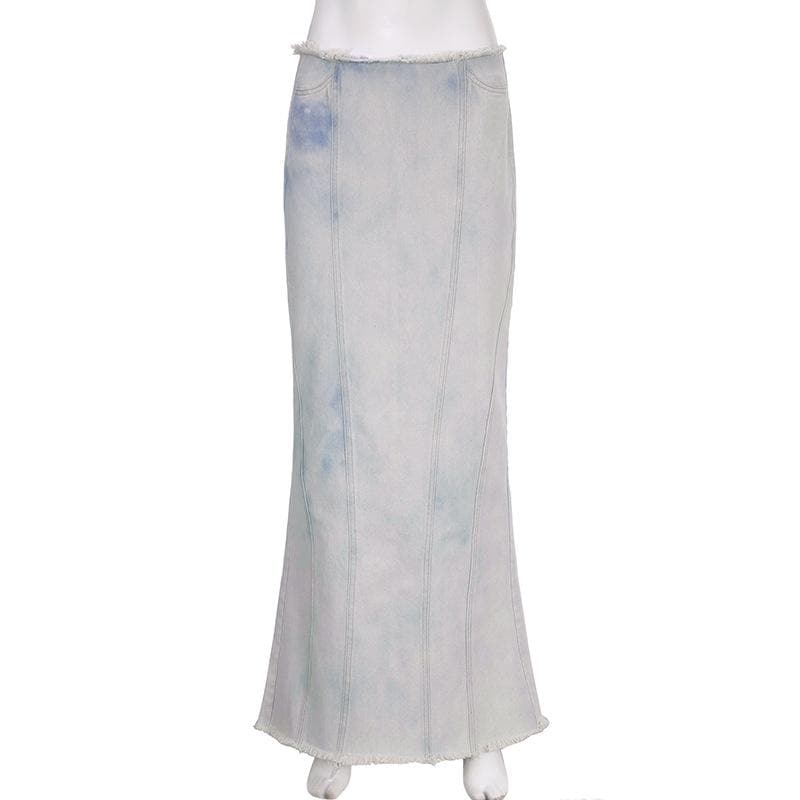 Tie dye raw hem zip-up slit midi skirt