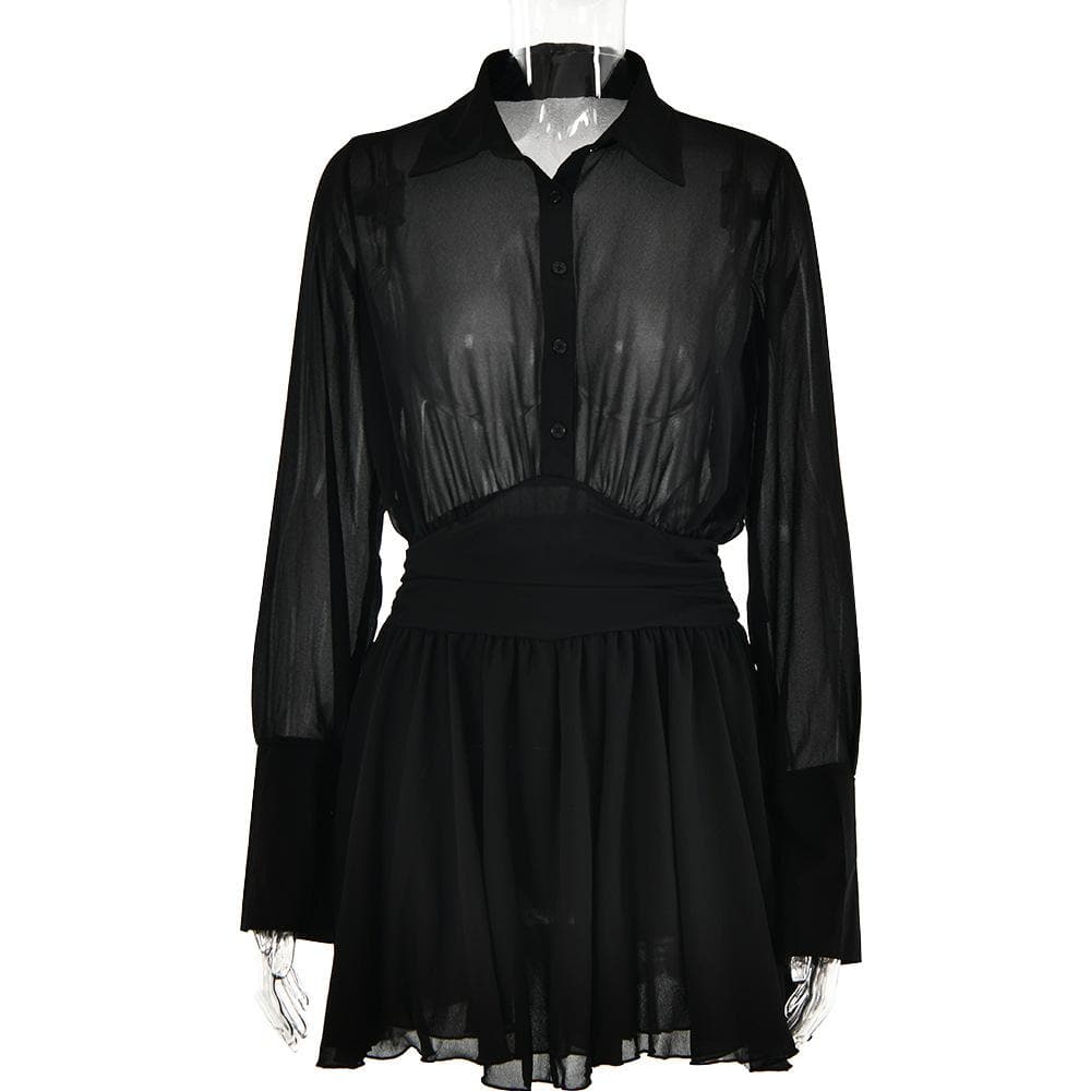 Turnover collar button long sleeve ruched zip-up chiffon mini dress