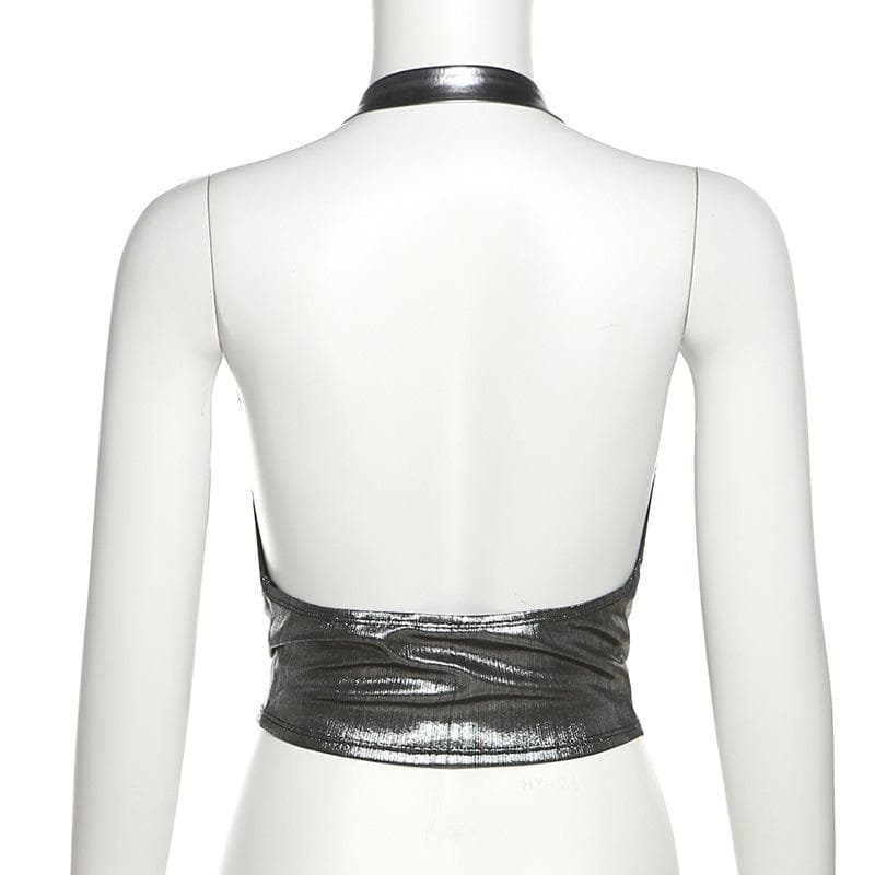 Metallic cowl neck buckle halter ruched backless top