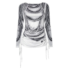 Drawstring long sleeve beaded print contrast backless top