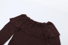 Long flared sleeve off shoulder hollow out see through knitted mini dress