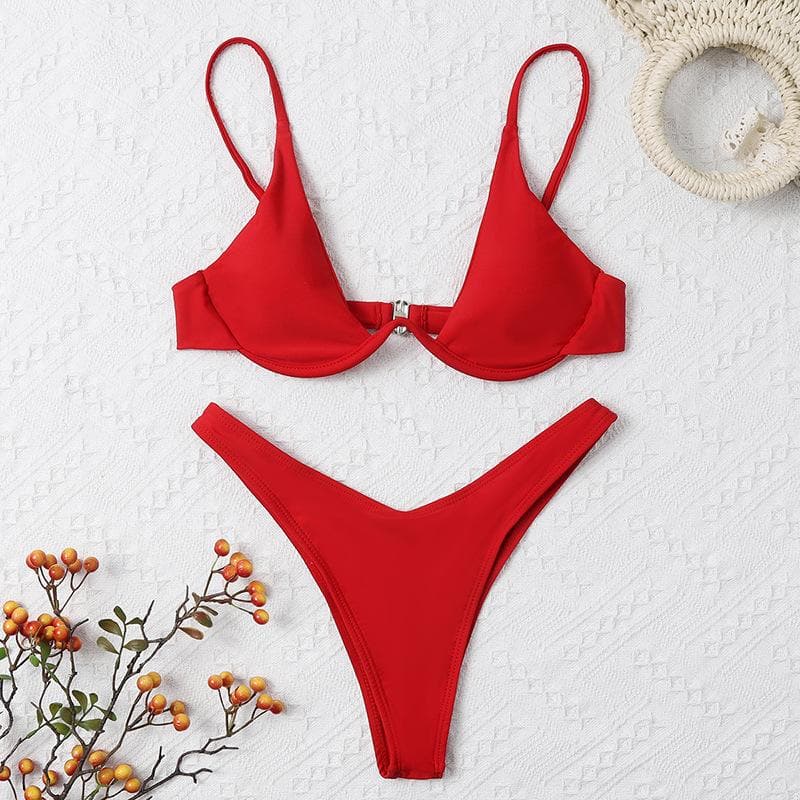 Traje de baño bikini con cuello en V, espalda descubierta y botones sólidos 