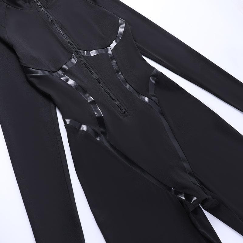 Zip-up PU leather long sleeve high neck solid jumpsuit