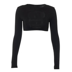 Hollow out solid long sleeve crewneck crop top