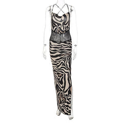 Zebra print hollow out contrast cross back slit backless maxi dress