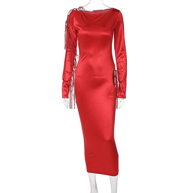 Long sleeve solid satin hollow out self tie crewneck midi dress