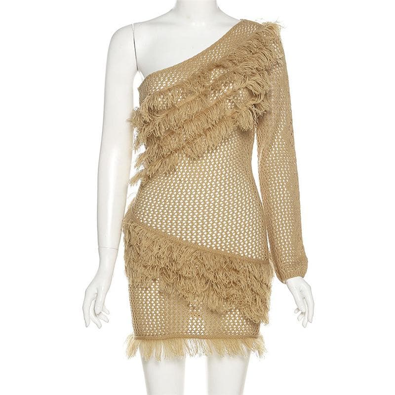 Knitted raw hem solid long sleeve one shoulder crochet irregular mini dress