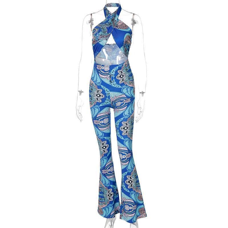 Ausgestellter Jumpsuit mit Neckholder-Print und Hohlsaum