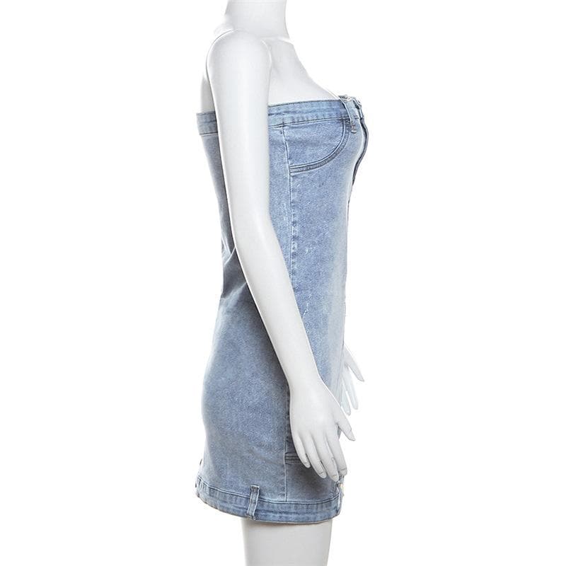 Rückenfreies Jeans-Röhren-Minikleid mit Knopfverschluss