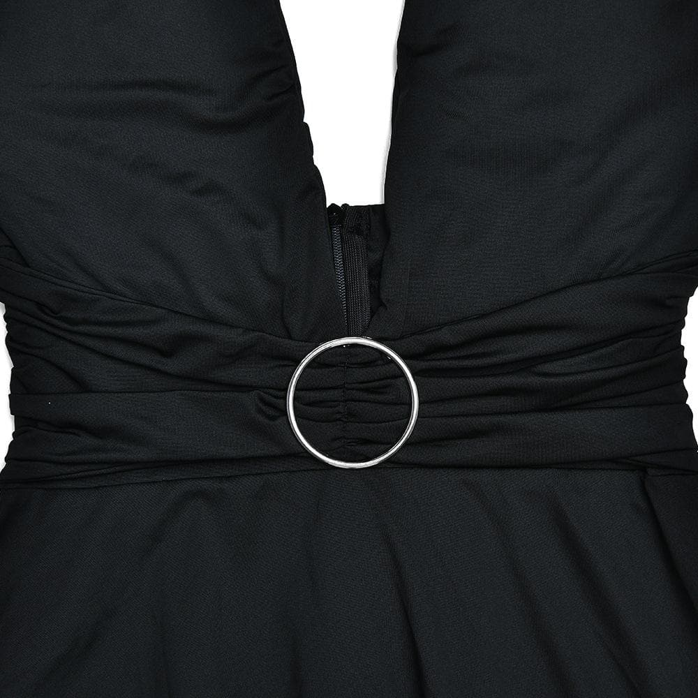 Neckholder-O-Ring-V-Ausschnitt, unregelmäßiges rückenfreies, einfarbiges Midikleid