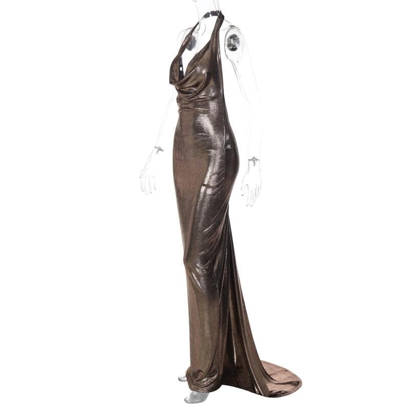 Metallic cowl neck ruched halter backless maxi dress