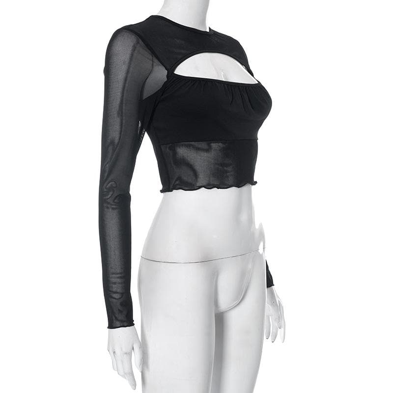 Crop Top aus einfarbigem Mesh mit ausgehöhlten Patchwork-Rüschen und langen Ärmeln - Schlussverkauf 