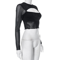 Hollow out patchwork ruffle solid long sleeve mesh crop top - Final Sale