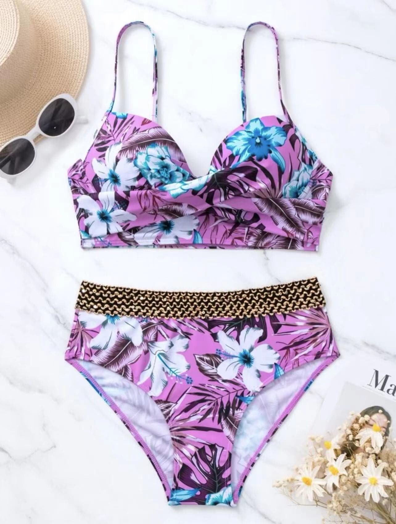 Gepolsterter rückenfreier Camisole-Bikini mit Blumenmuster und Kontrast