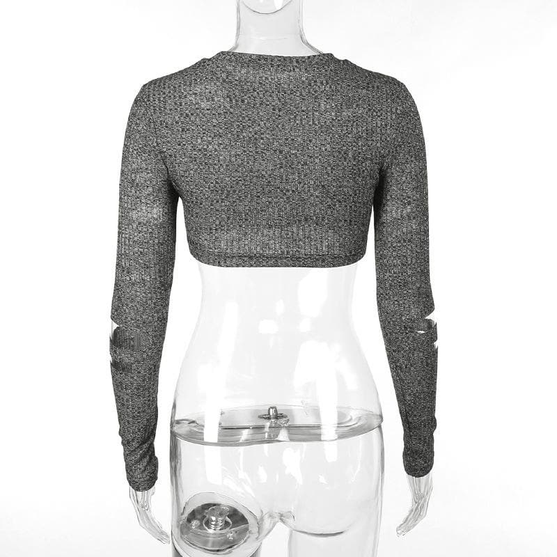 Hollow out long sleeve crewneck solid crop top