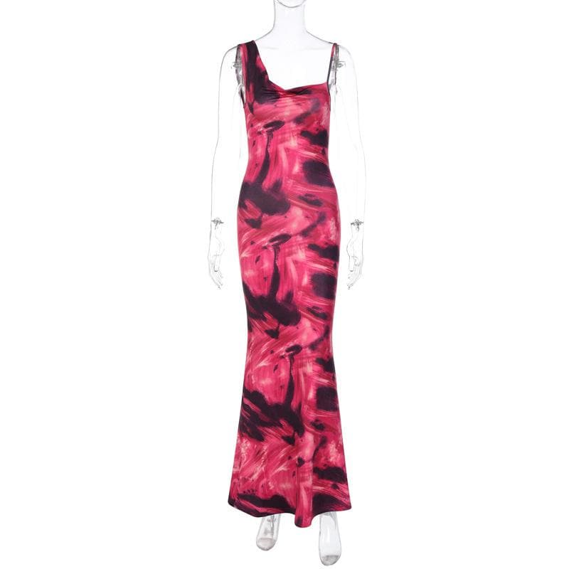 Contrast irregular cowl neck sleeveless backless maxi dress