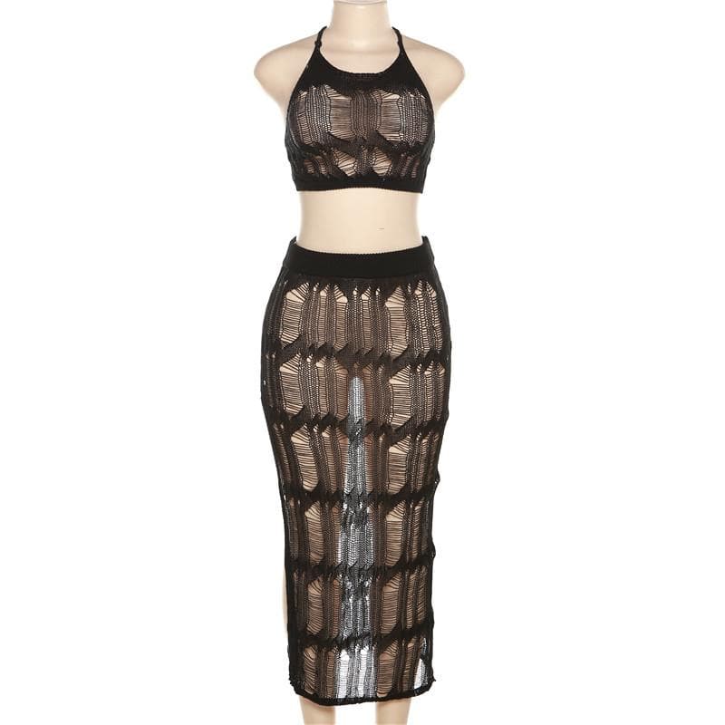 Crochet solid halter self tie see through slit midi skirt set