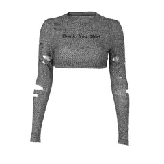 Hollow out long sleeve crewneck solid crop top