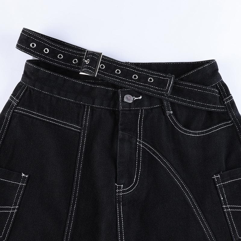 Stitch belt irregular contrast low rise wide leg jeans