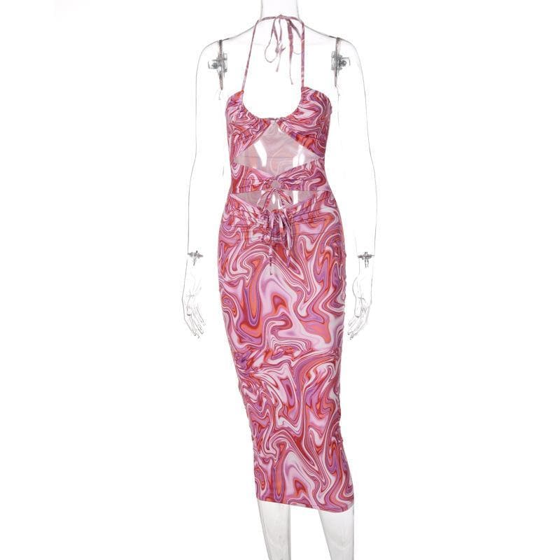 Tief ausgeschnittenes Neckholder-Kleid mit Hohlsaum und Print