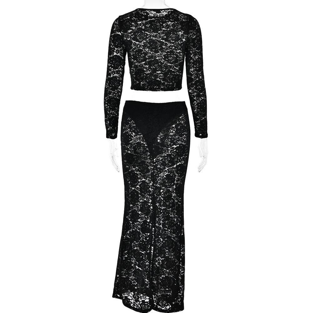 Lace long sleeve solid see through slit maxi skirt set