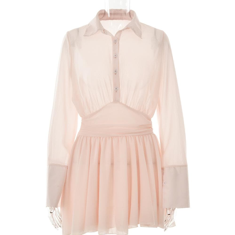 Turnover collar button long sleeve ruched zip-up chiffon mini dress