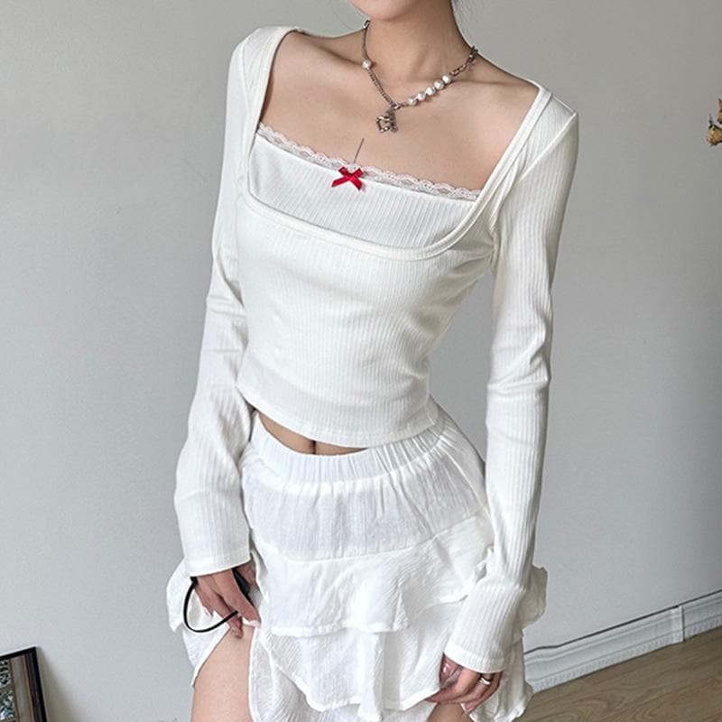 Ribbed patchwork square neck lace hem long sleeve crop top