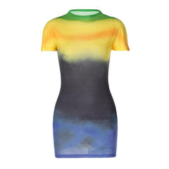 Tie dye contrast short sleeve crewneck mini dress