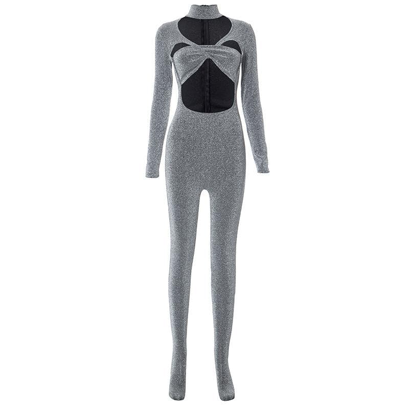 Textured hollow out long sleeve zip-up high neck jumpsuit