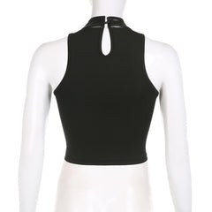 Buckle solid sleeveless patchwork button PU leather crop top