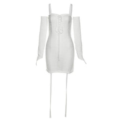 Hollow out crochet solid gloves backless gloves cami dress