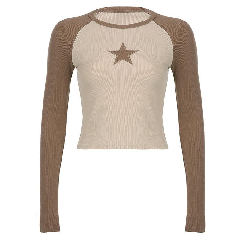 Star patchwork contrast ribbed crewneck long sleeve top