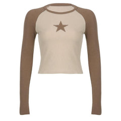 Star patchwork contrast ribbed crewneck long sleeve top