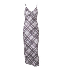 Plaid contrast v neck backless cami maxi dress