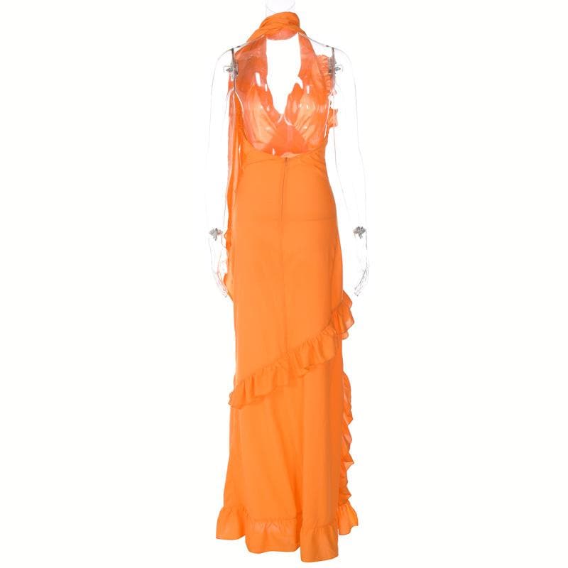 Halter v neck backless ruffle zip-up solid maxi dress