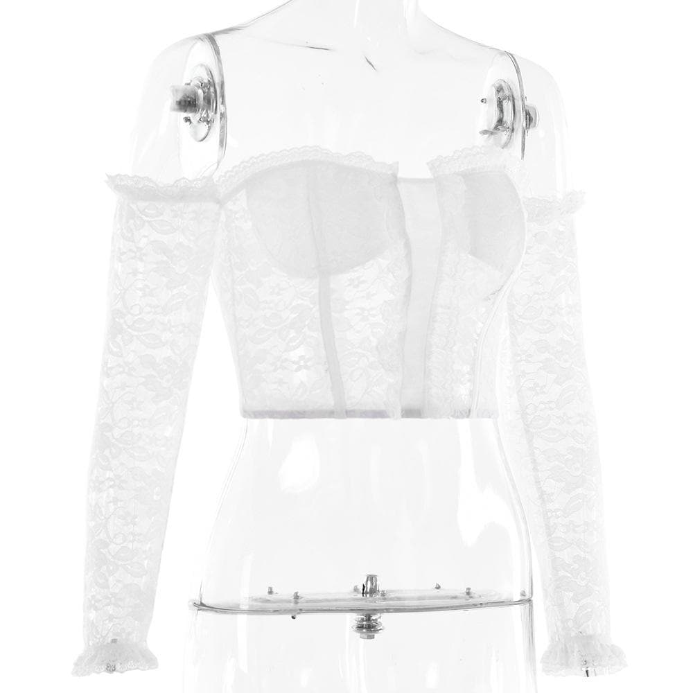 Lace off shoulder zip-up ruffle solid long sleeve crop top