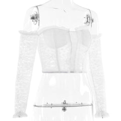 Lace off shoulder zip-up ruffle solid long sleeve crop top