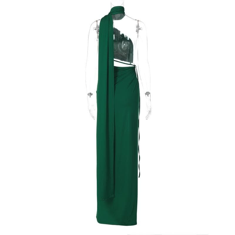 Halter o ring irregular solid backless ruched slit maxi dress