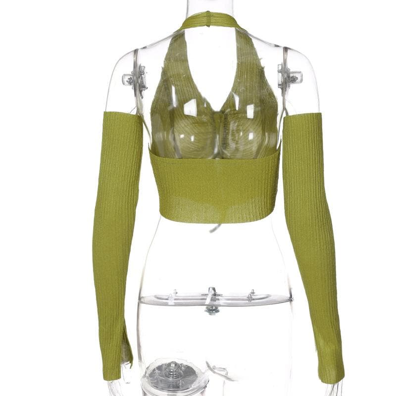 Rückenfreies Crop-Top mit strukturierten Neckholder-Handschuhen und Kordelzug 