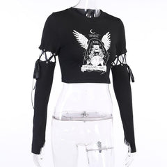 Round neck short sleeve removable gloves graphic top